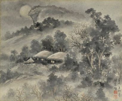 null Peinture représentant un hameau entouré d'arbres au clair de lune. 

Encres...