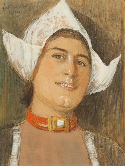 null Antoine Van VELDE

(Actif en 1920)

Portrait d’une hollandaise 

Gouache et...