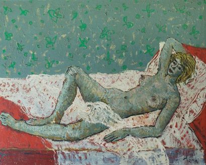 null Paul AIZPIRI (né en 1919) 

Nu étendu au sofa rouge (Germaine) 

Huile sur toile,...