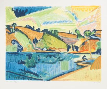  Pierre GUASTALLA ( 1891-1958) 
Pont-Aven 
Lithographie couleurs. Contresigné au...