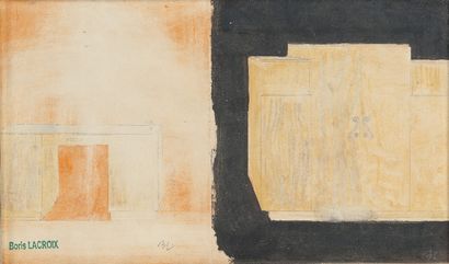 null Boris LACROIX (1902-1984) 

Un bureau au crayon sur fond orange. 

Une armoire...