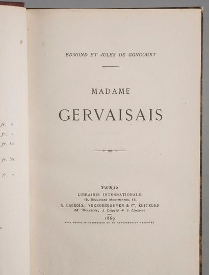 null GONCOURT. Frères. Madame Gervaisais. Paris, Librairie internationale, A. Lacroix,...