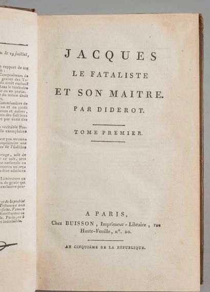  DIDEROT. Denis. Jacques le Fataliste et son maître. Paris, Buisson, An V (1796)....