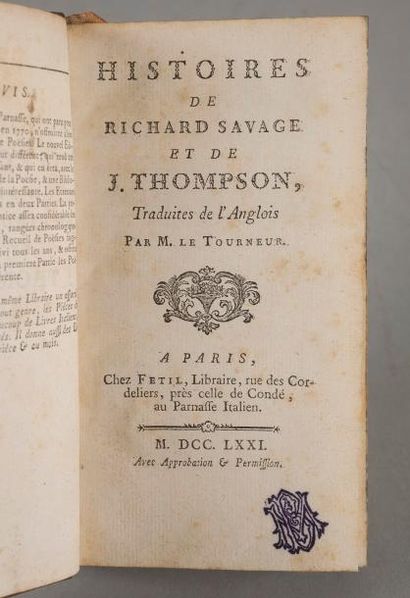  (JOHNSON. Samuel). Histoires de Richard Savage et de J. Thompson… Paris, Fetil,...