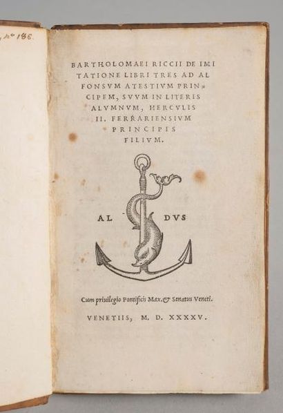 null RICCI. Bartholoméo. De imitatione libri tres. Venise, Alde, 1545. 1 volume in-8,...