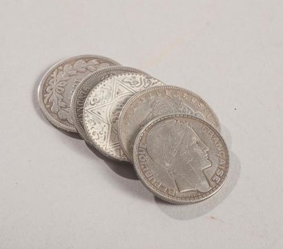 null Lot de cinq pièces argent : 1 pièce arabe datée1331, 1- 20FF1929, 1-5FF 1869...