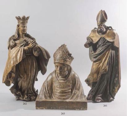 null Sculpture en bois polychrome et or représentant saint Nicolas.

XVIIe siècle.

Haut....