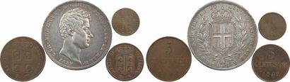 null Italie, Savoie-Sardaigne, Charles-Albert, Lot de 4 monnaies dont 5 lire, 1837...