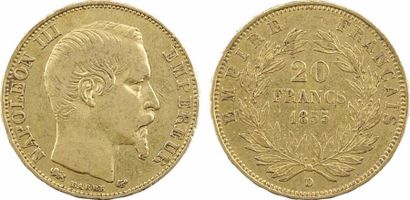 null France, Second Empire, 20 francs tête nue, 1855 Lyon variété grand lion

A/NAPOLEON...