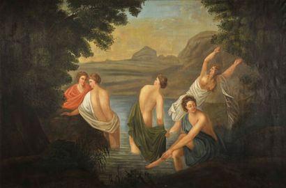 Ecole française vers 1900 Femmes au bain Sur sa toile d'origine. 131 x 211 cm (Accidents...