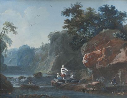 null ATTRIBUE A JEAN PILLEMENT (1728 – 1808) 

Pêcheurs près d’un torrent de montagne...