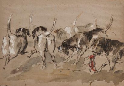 null ECOLE FRANCAISE VERS 1930 

Chiens de chasse 

Crayon noir, rehauts de blanc...