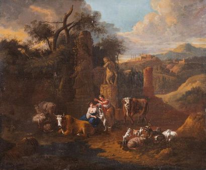 null ATTRIBUE A MICHIEL CARREE

(1657 – 1747) 

Paysage au troupeau 

Sur sa toile...