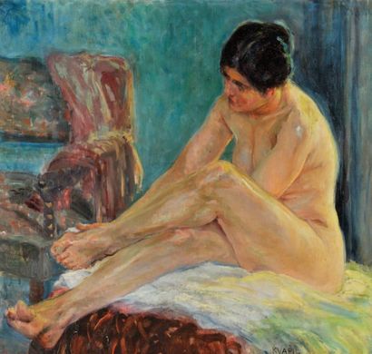 Charles KVAPIL (1884-1957) Nu féminin assis Huile sur toile signée en bas à droite...