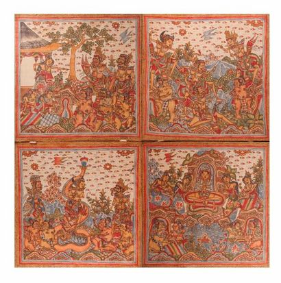 null ENSEMBLE de quatre peintures traditionnelles sur tissu. 

Indonésie, fin XIXe-début...