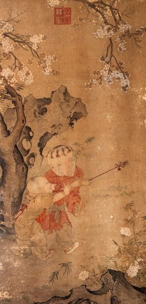 null CHINE
Grande peinture représentant des enfants jouant sous les arbres en fleurs.
Deux...