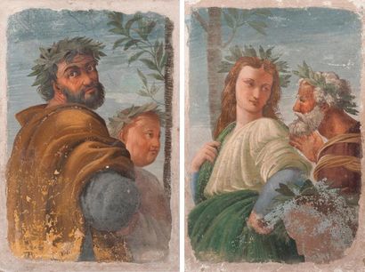 null * D’APRES RAPHAEL 

Deux toiles peintes d’après Le Parnasse, fresque monumentale...