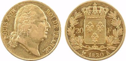 null Louis XVIII, 20 francs buste nu, 1820 Paris, variété sans tête de cheval 





A/LOUIS...