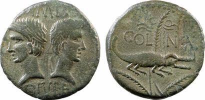 Auguste et Agrippa, as, Nîmes, c.9-3 av. J.-C. A/IMP/ DIVI F Têtes adossées d'Agrippa...