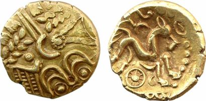 Suessions, statère d'or à l'oeil, c.65-35 av. J.-C. A/Anépigraphe Profil stylisé...