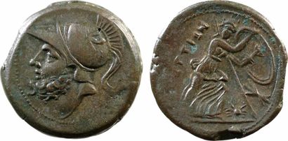 Bruttium, didrachme en bronze, Brettii, c.208-203 av. J.-C. A/Anépigraphe Tête casquée...