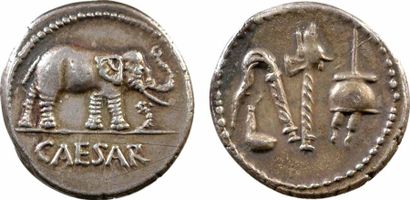 Jules César, denier, Italie, 49 av. J.-C. A/A l'exergue, CAESAR Éléphant marchant...