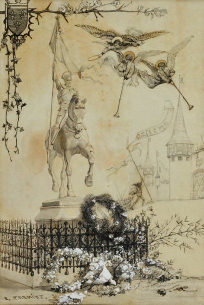 Emmanuel FREMIET (1824 - 1910) Statue équestre de Jeanne d'Arc Plume et lavis 43...