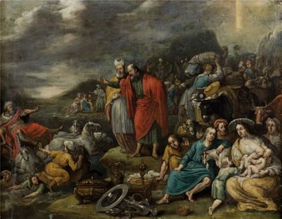 École ESPAGNOLE vers 1650 Moïse et le passage de la mer Rouge Cuivre. 38 x 47 cm...