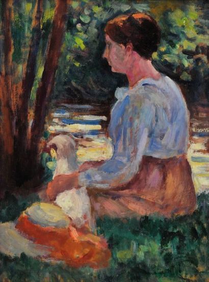Maximilien LUCE (1858-1941) Jeune femme assise et son chien, bord de rivière Huile...