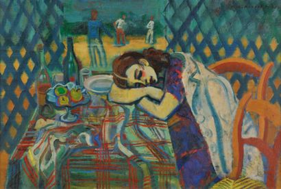 Maurice Georges PONCELET (1897-1978) Jeune femme endormie Huile sur toile. Signé...