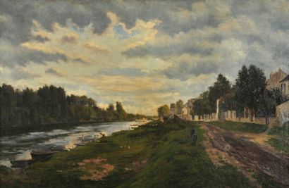 Jacinthe POZIER (1844-1915) Lavandière au bord de la rivière Huile sur toile. Signée...