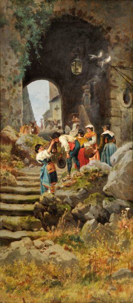 Pietro BARUCCI (1845 - 1917) Ruelle de village italien Huile sur sa toile d'origine....