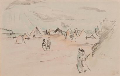 null JULES PASCIN (1885-1930) 

Les tentes sur la plage 

Crayon et aquarelle. 

Signé...