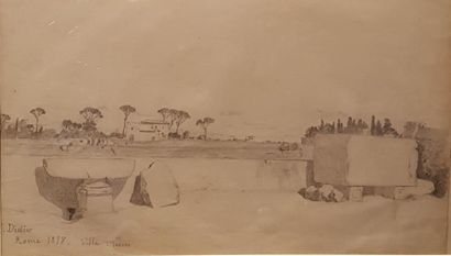 null JULES DIDIER (1831-1892) 

- Vue du château Saint Ange à Rome 

Fusain, monogrammé,...