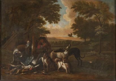 null ATTRIBUE A ADRIAN DE GRYEF (1667 – 1715) 

Chasseur et ses chiens au trophée...