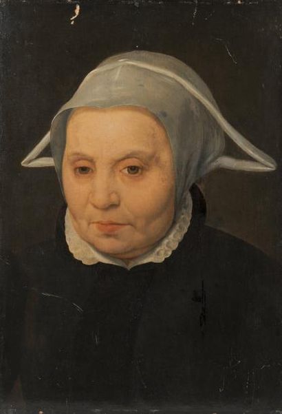 null ECOLE FLAMANDE VERS 1580 

Portrait de femme âgée 

Panneau de chêne, une planche,...