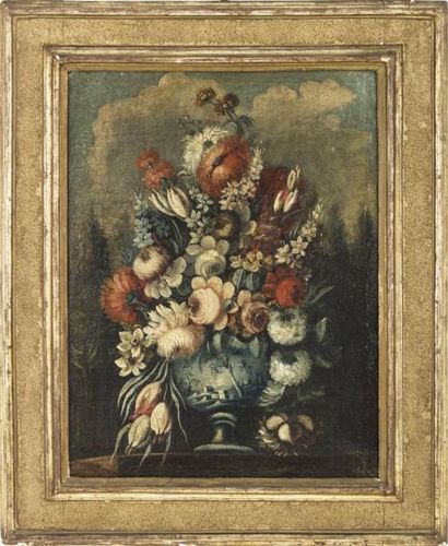 null ECOLE ITALIENNE VERS 1800 

Nature morte aux bouquet sur entablement 

Paire...