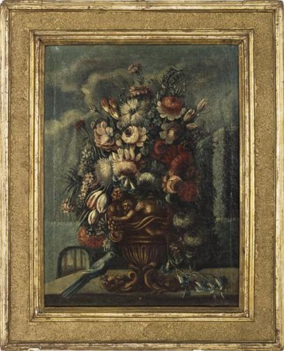 null ECOLE ITALIENNE VERS 1800 

Nature morte aux bouquet sur entablement 

Paire...