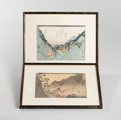null Japon. Hiroshige, Deux estampes format kuban représentant la montagne Suzuka-yama...