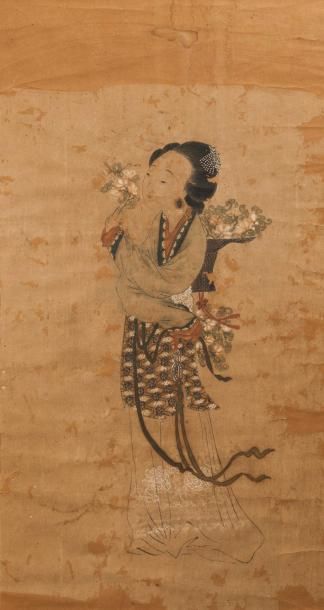 null Chine, XVIIIème - XIXème siècle. Pigments sur papier. Elégante femme aux bouquets...