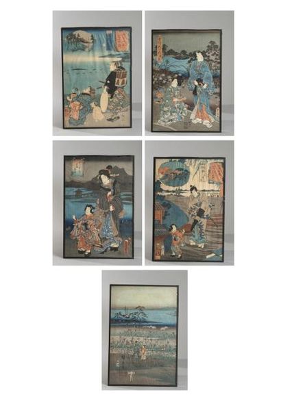 null Japon, Utagawa Kuniyoshi, XIXème. Lot de cinq estampes format oban tate comprenant...