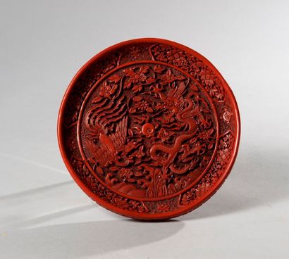 null Chine

XIXe ou XXe siècle

Plat en laque rouge à décor d'un dragon et phénix



L...