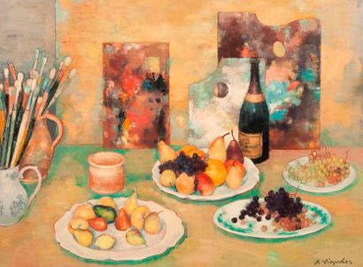 null André Vignole (1920 - 2017)

Fruits, pinceaux et palette

Toile, signée en bas...