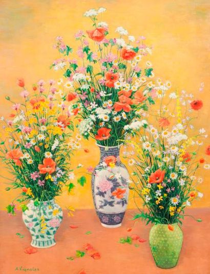 null André Vignole (1920 - 2017)

Les trois bouquets au fond jaune

Toile, signée...