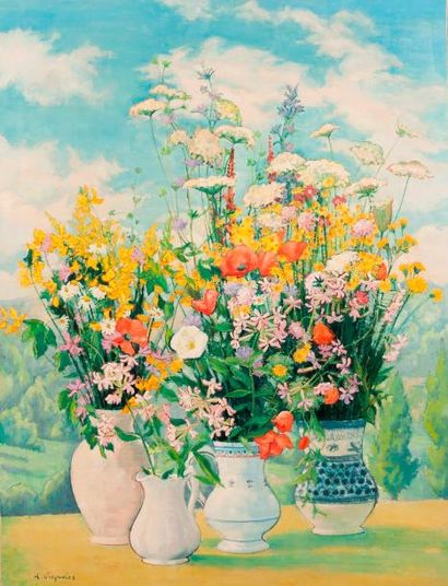 null André Vignole (1920 - 2017)

Fleurs des champs aux nuages blancs

Toile, signée...