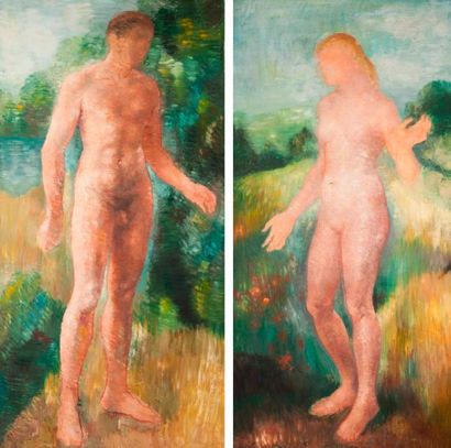 null André Vignole (1920 - 2017)

Adam et Eve

Paire de toiles, non signées.

195...