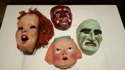 null Lot de 4 masques en papier mâché peints dont masques du carnaval de Binche,...
