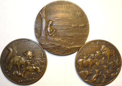 Lot de 3 médailles en bronze : Ch. Virion, les Fables de La Fontaine (2 ex.) et Exposition...