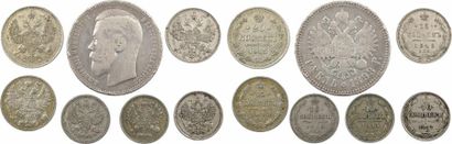 Russie, Nicolas II, lot de 7 monnaies russes en argent : rouble 1898 (TB), 20 kopeck 1915 (TTB), 15 