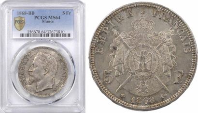 Second Empire, 5 francs tête laurée, 1868 Strasbourg, PCGS MS64 Second Empire, 5...